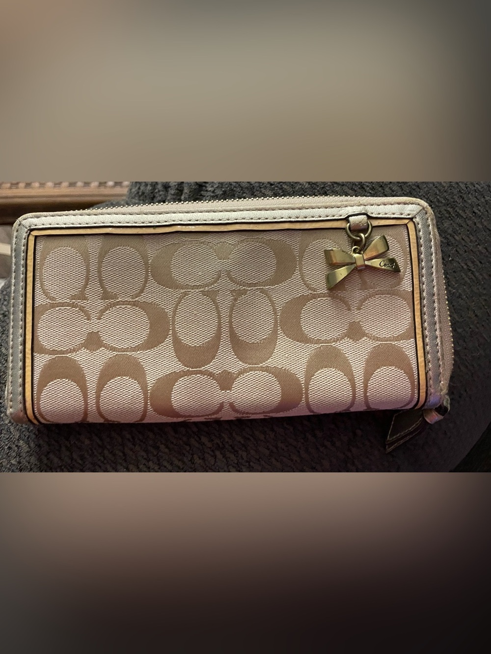 Coach Signature Jacquard Clutch with cute Coach bow charm attached